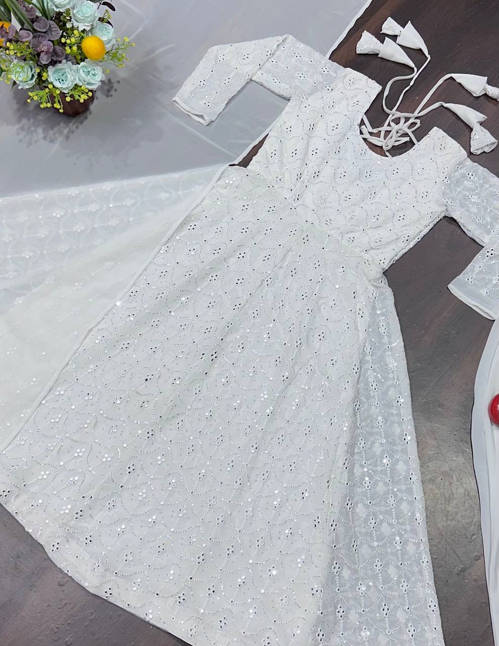 Outstanding Embroidered work White Color Gown With Palazzo