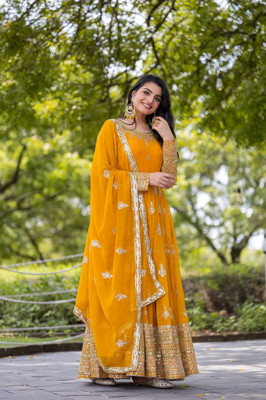 Blissful Sequence Work Yellow Color Gown