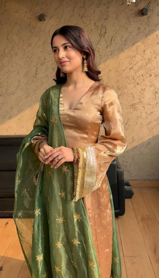 Glossy Embroidered Work Chiku Color Salwar Suit With Green Dupatta