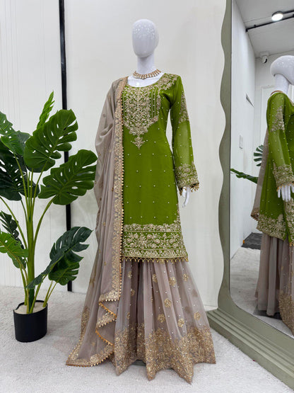 Blissful Georgette Sequins Work Green Color Sharara Suit