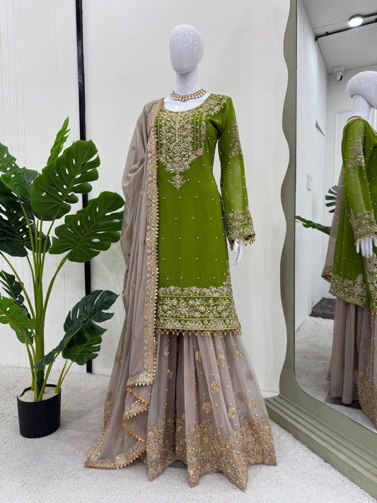 Blissful Georgette Sequins Work Green Color Sharara Suit