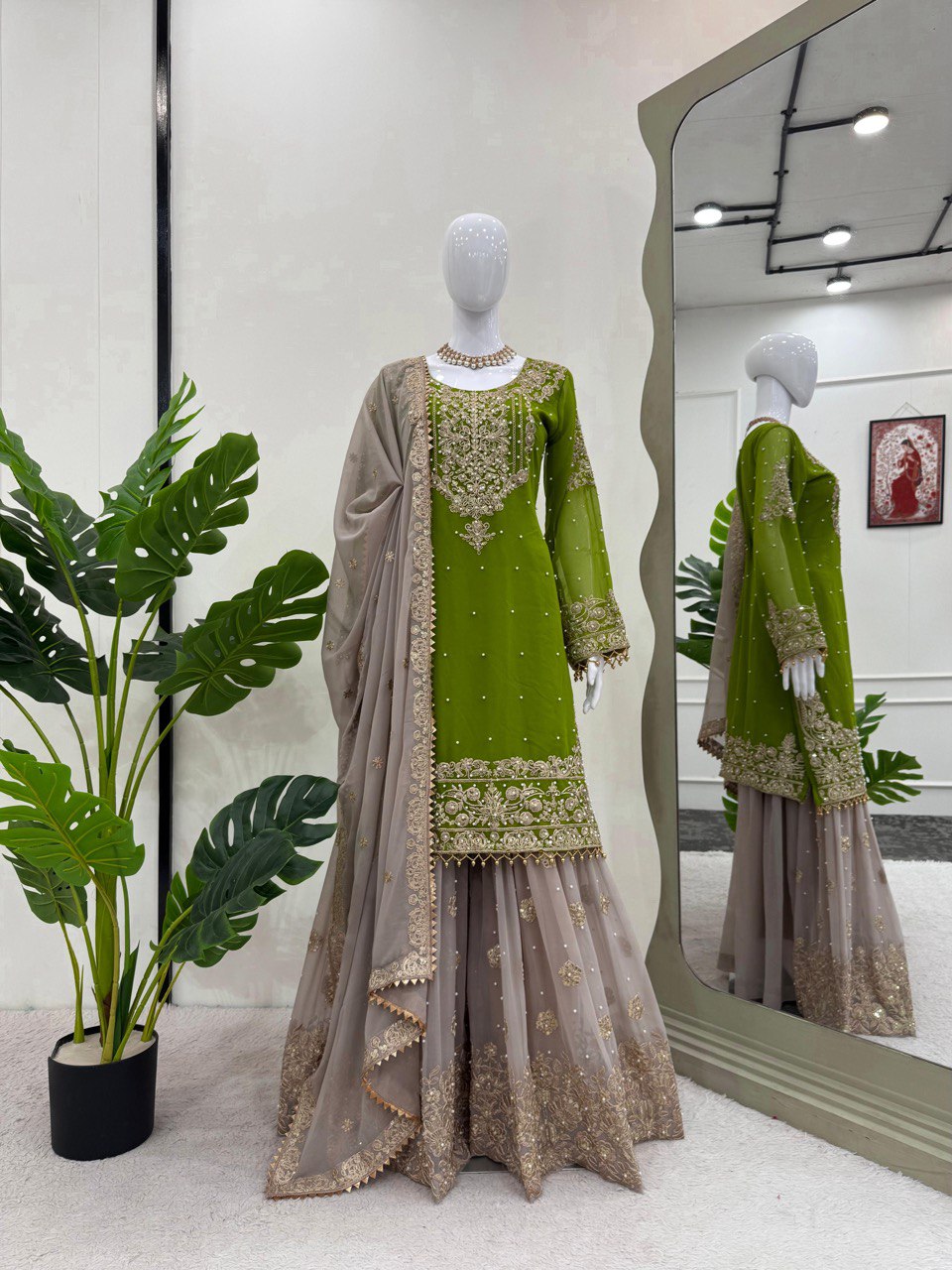 Blissful Georgette Sequins Work Green Color Sharara Suit