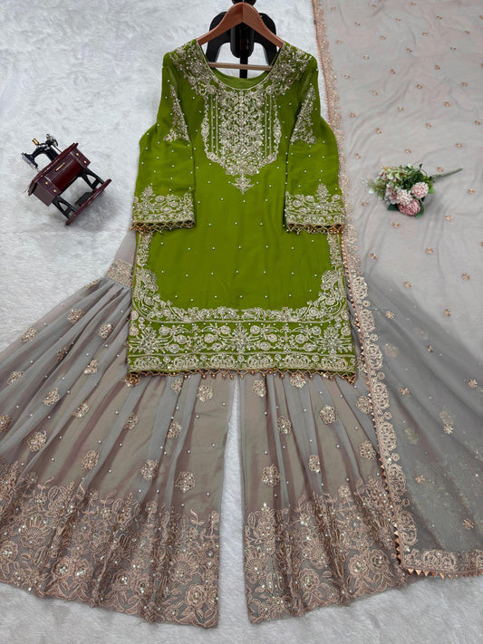 Blissful Georgette Sequins Work Green Color Sharara Suit