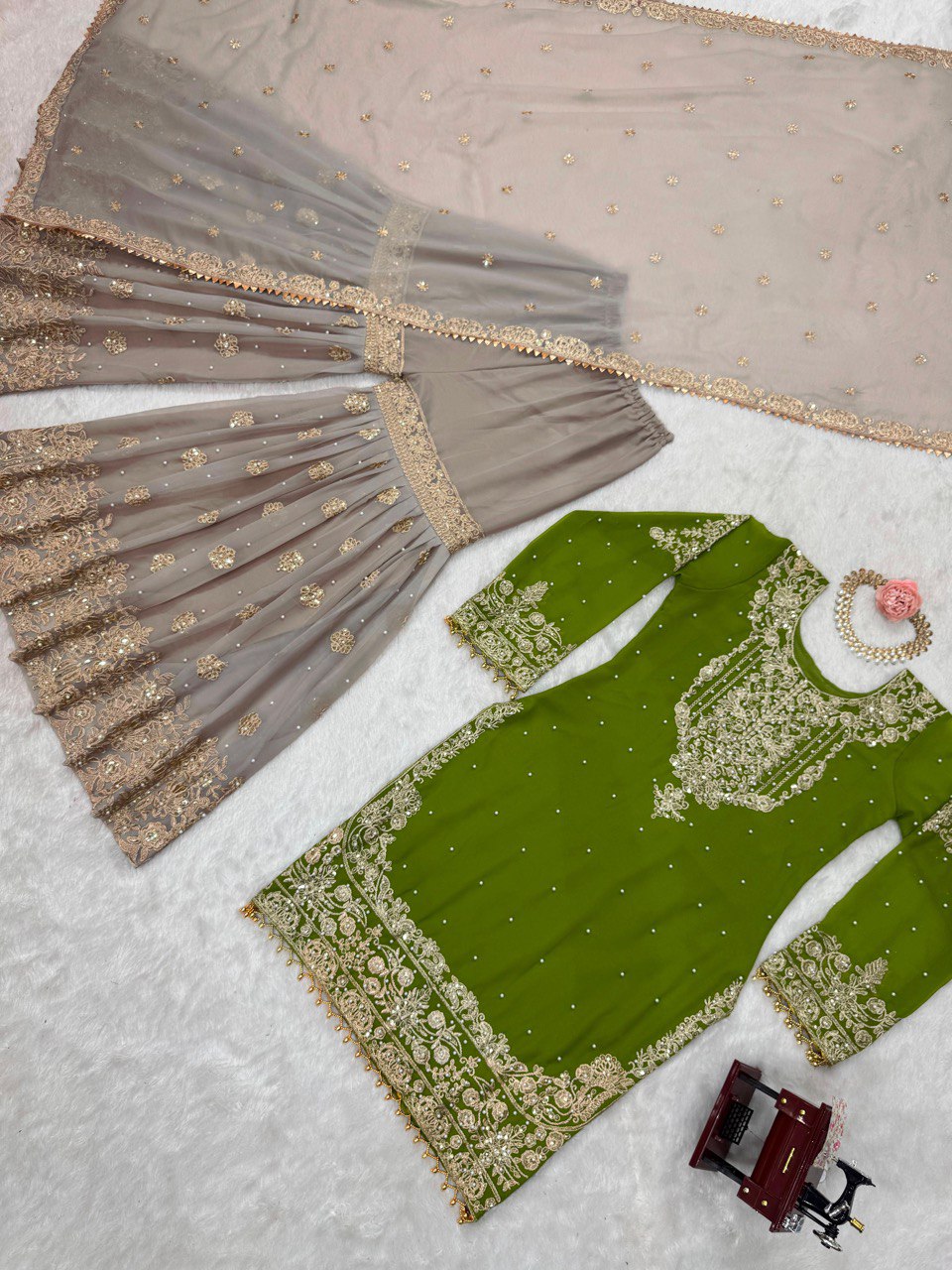Blissful Georgette Sequins Work Green Color Sharara Suit