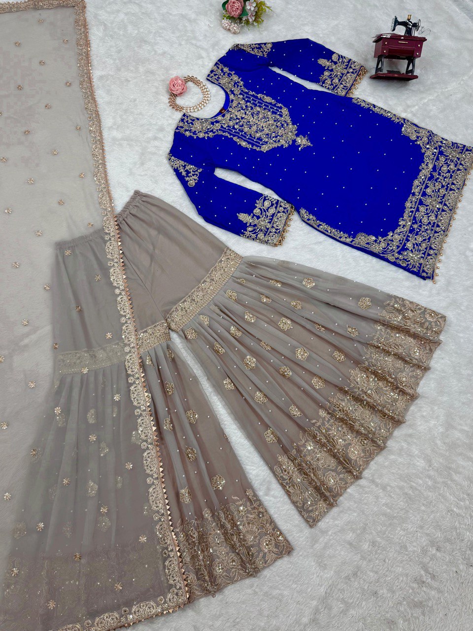 Blissful Georgette Sequins Work Navy Blue Color Sharara Suit