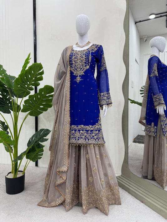 Blissful Georgette Sequins Work Navy Blue Color Sharara Suit