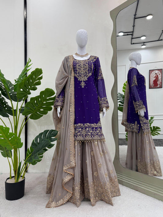 Blissful Georgette Sequins Work Purple Color Sharara Suit
