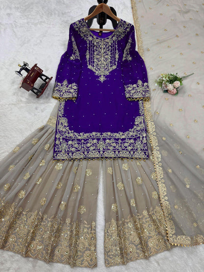 Blissful Georgette Sequins Work Purple Color Sharara Suit