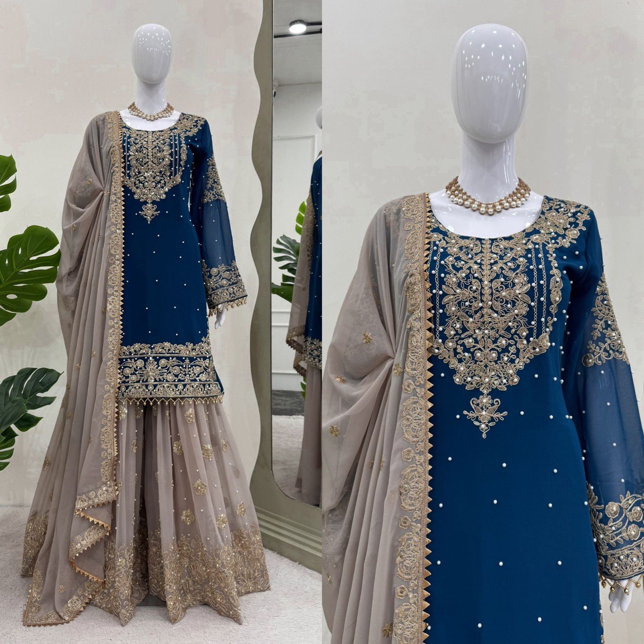 Blissful Georgette Sequins Work Teal Blue Color Sharara Suit