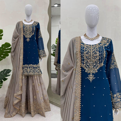 Blissful Georgette Sequins Work Teal Blue Color Sharara Suit
