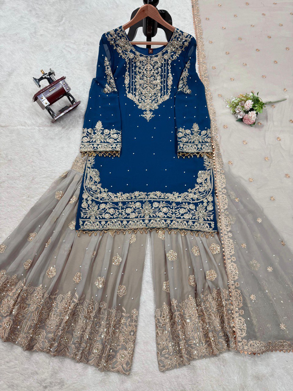 Blissful Georgette Sequins Work Teal Blue Color Sharara Suit