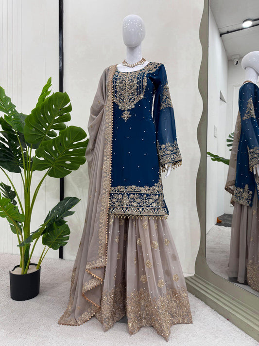 Blissful Georgette Sequins Work Teal Blue Color Sharara Suit