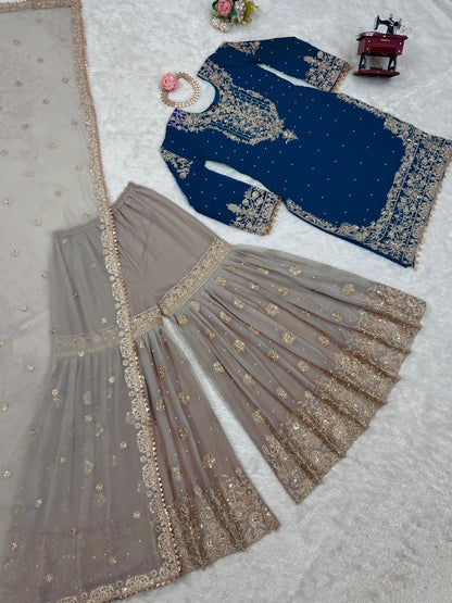 Blissful Georgette Sequins Work Teal Blue Color Sharara Suit