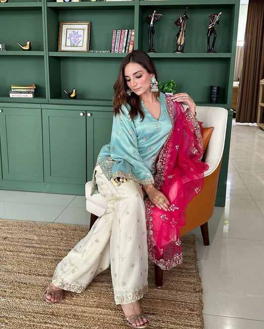Unique French Crepe Sky Blue Color Top With Palazzo Suit