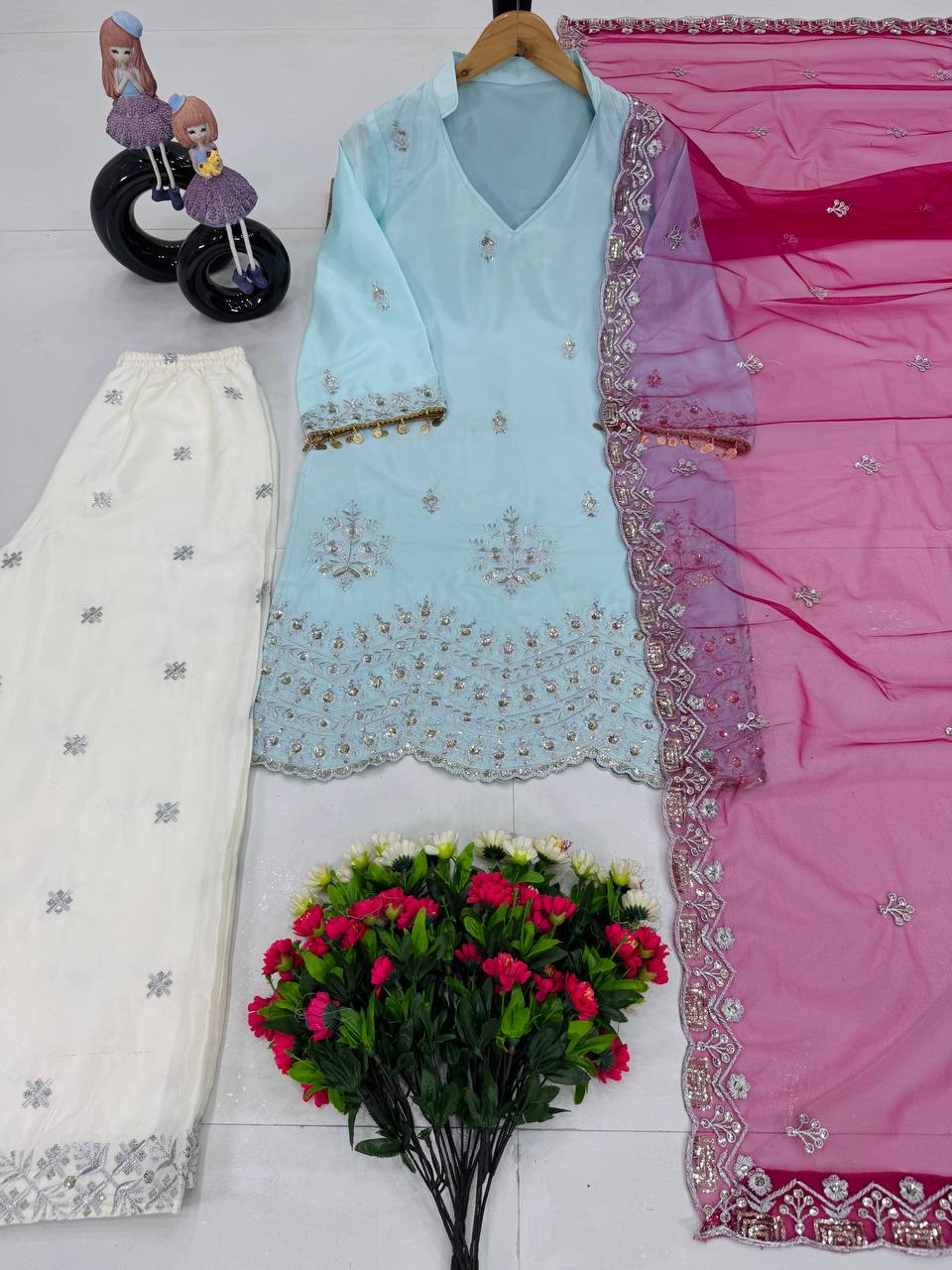 Unique French Crepe Sky Blue Color Top With Palazzo Suit