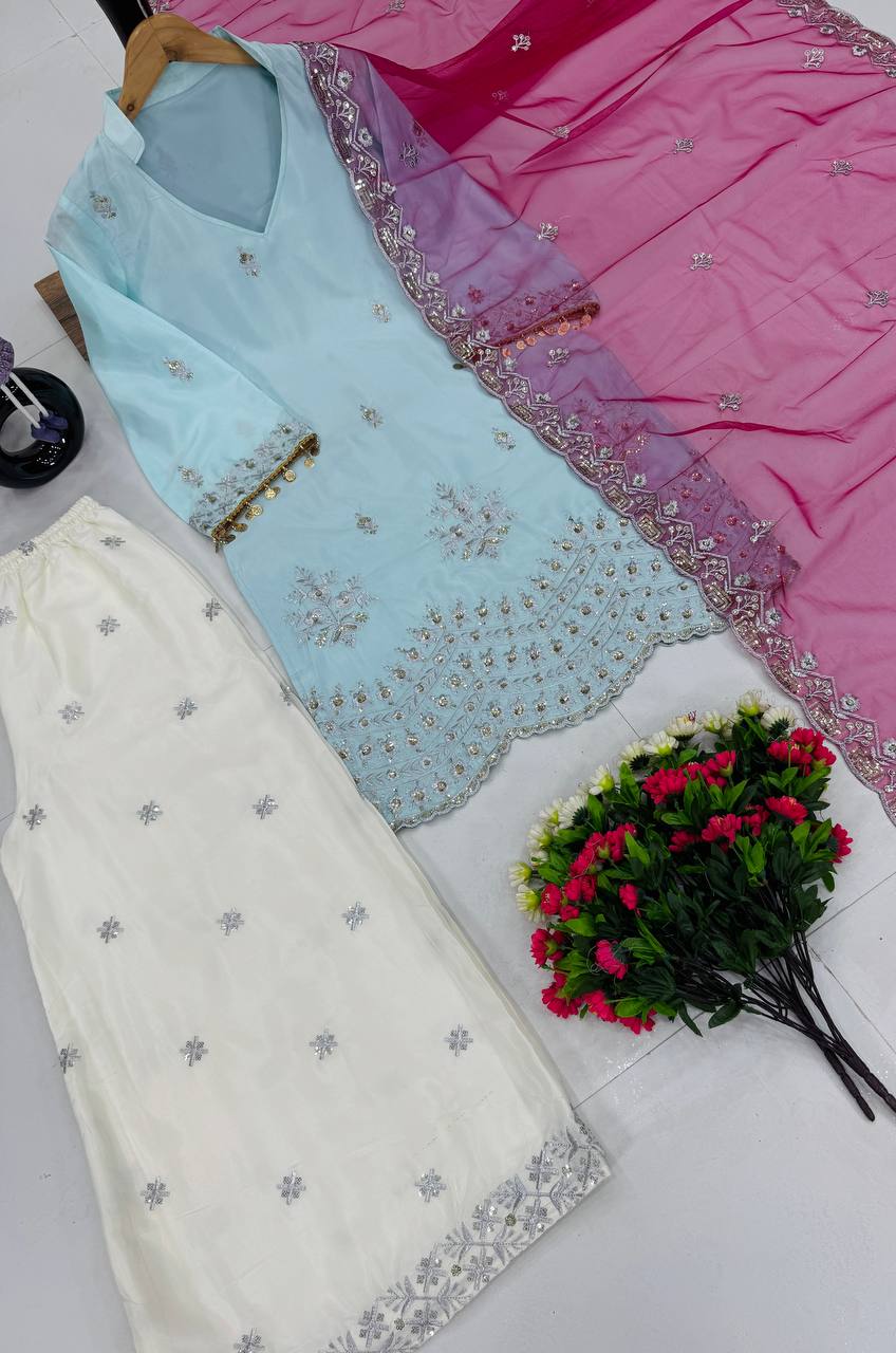 Unique French Crepe Sky Blue Color Top With Palazzo Suit