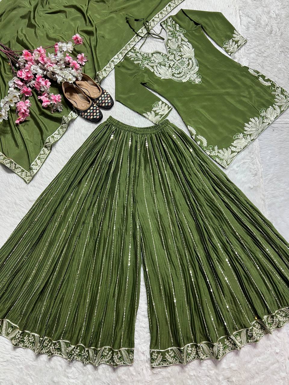 Glimmering Chinnon Silk Sequence Work Green Color Sharara Suit
