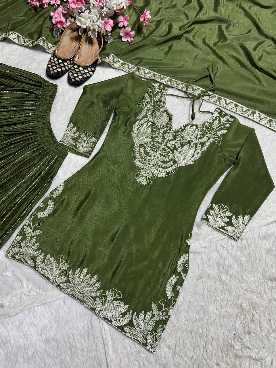 Glimmering Chinnon Silk Sequence Work Green Color Sharara Suit