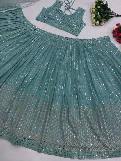 Wedding & Party Wear Real Mirror Hand Work Sky Blue Color Lehenga Choli