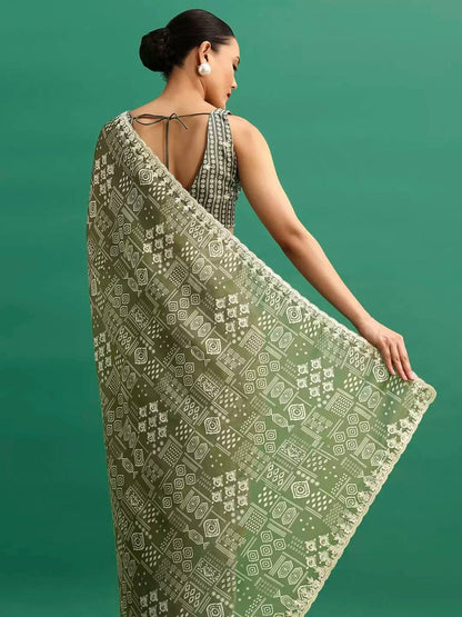 Flattering Digital Prints Green Saree
