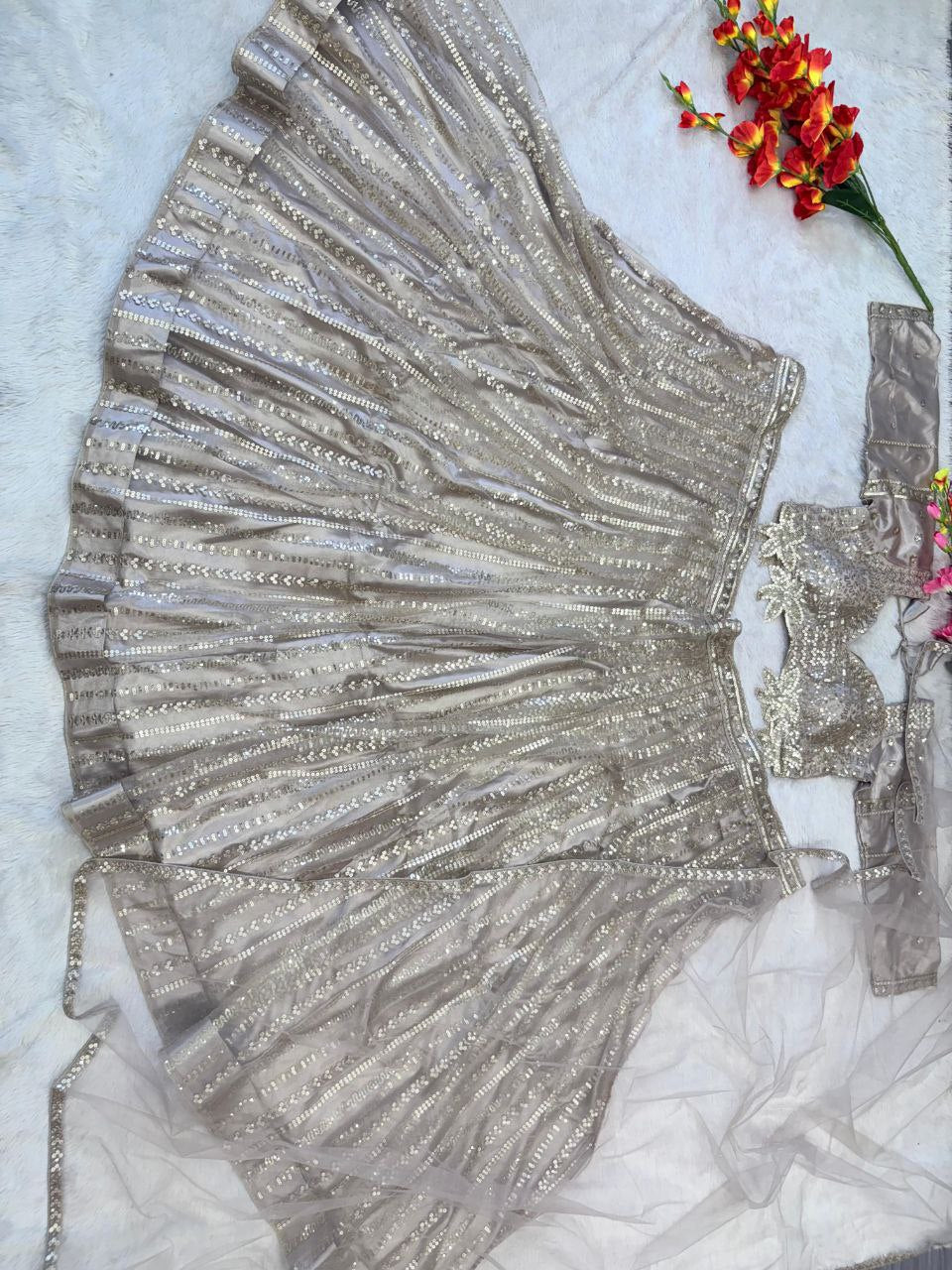 Glimmering Jari Work Silver Color Butterfly Net lehenga choli