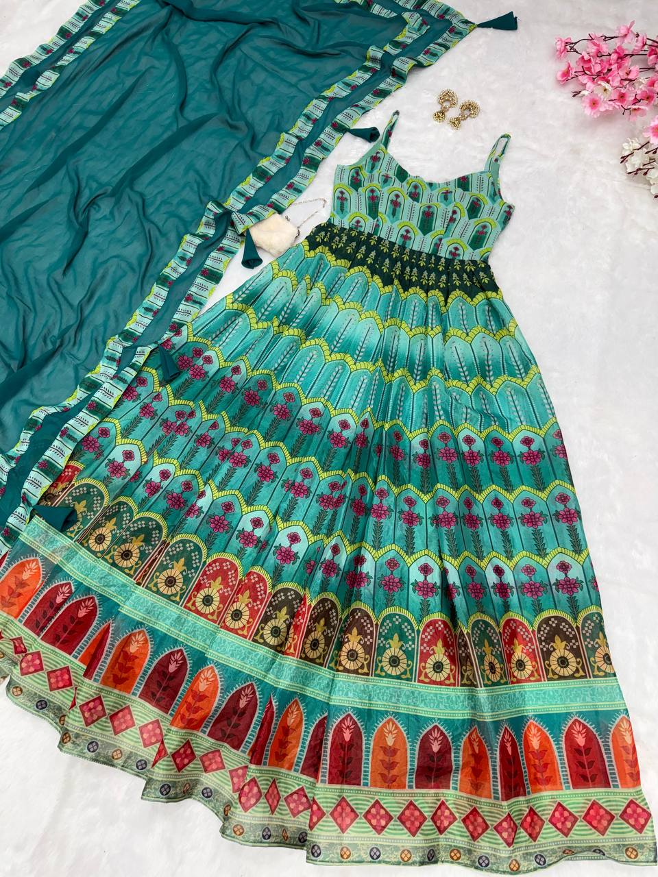 Multi Digital Printed Teal Blue Color Anarkali Gown