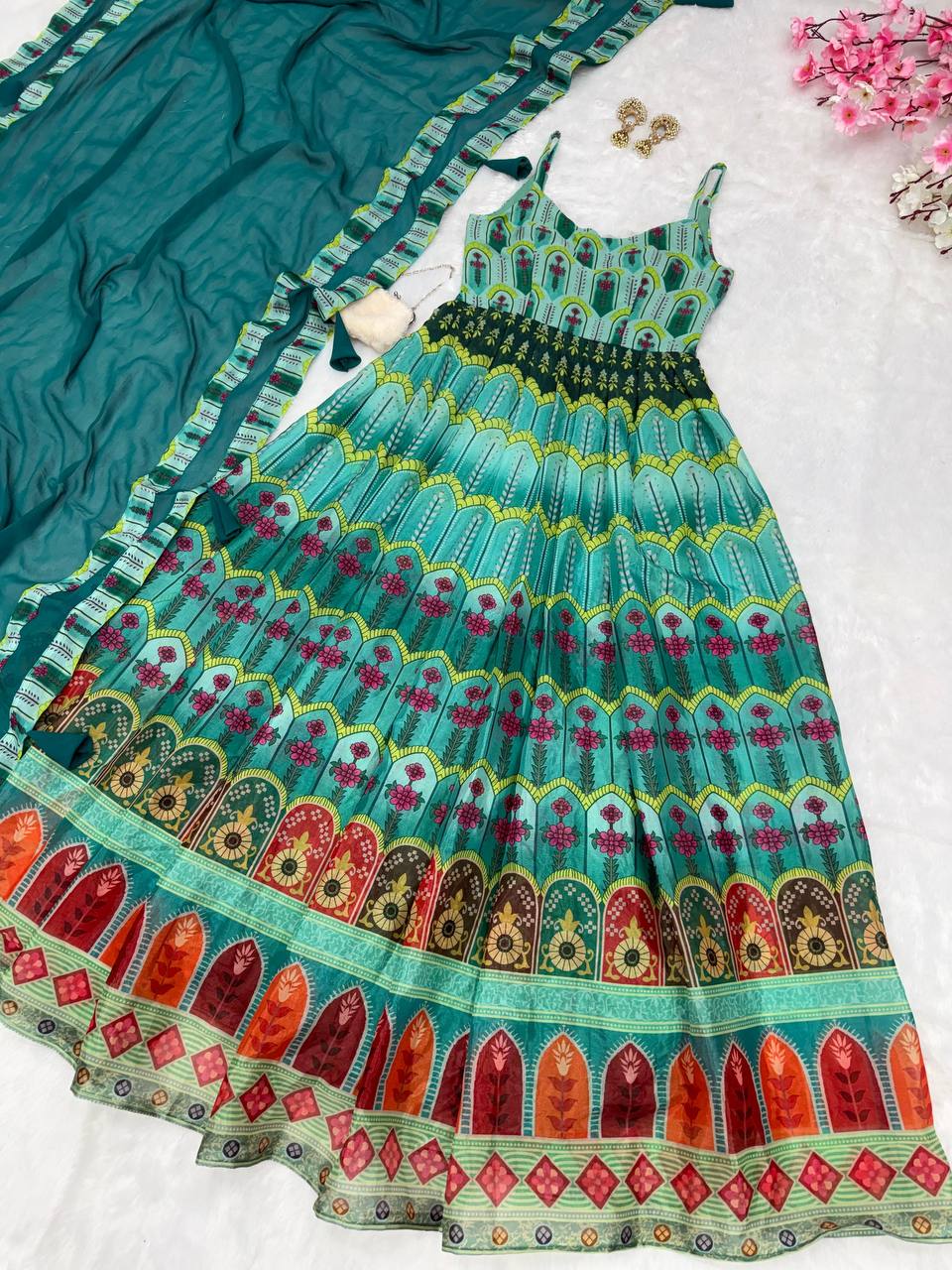 Multi Digital Printed Teal Blue Color Anarkali Gown
