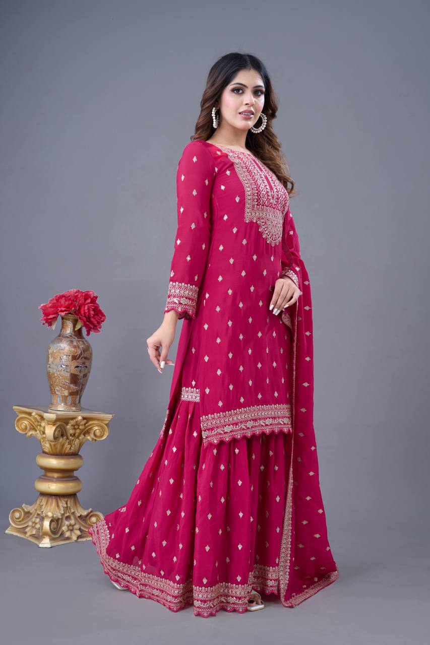 Shining Fully Stitched Pink Color Sharara Suit
