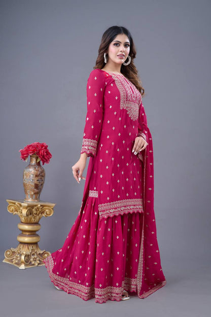 Shining Fully Stitched Pink Color Sharara Suit