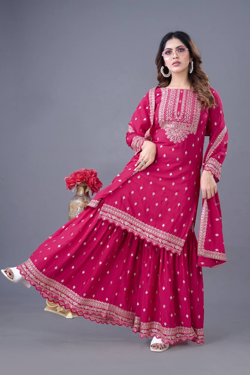 Heavy Embroidery Work Pink Color Sharara Suit