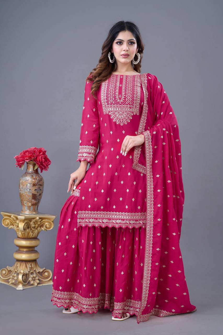Shining Fully Stitched Pink Color Sharara Suit