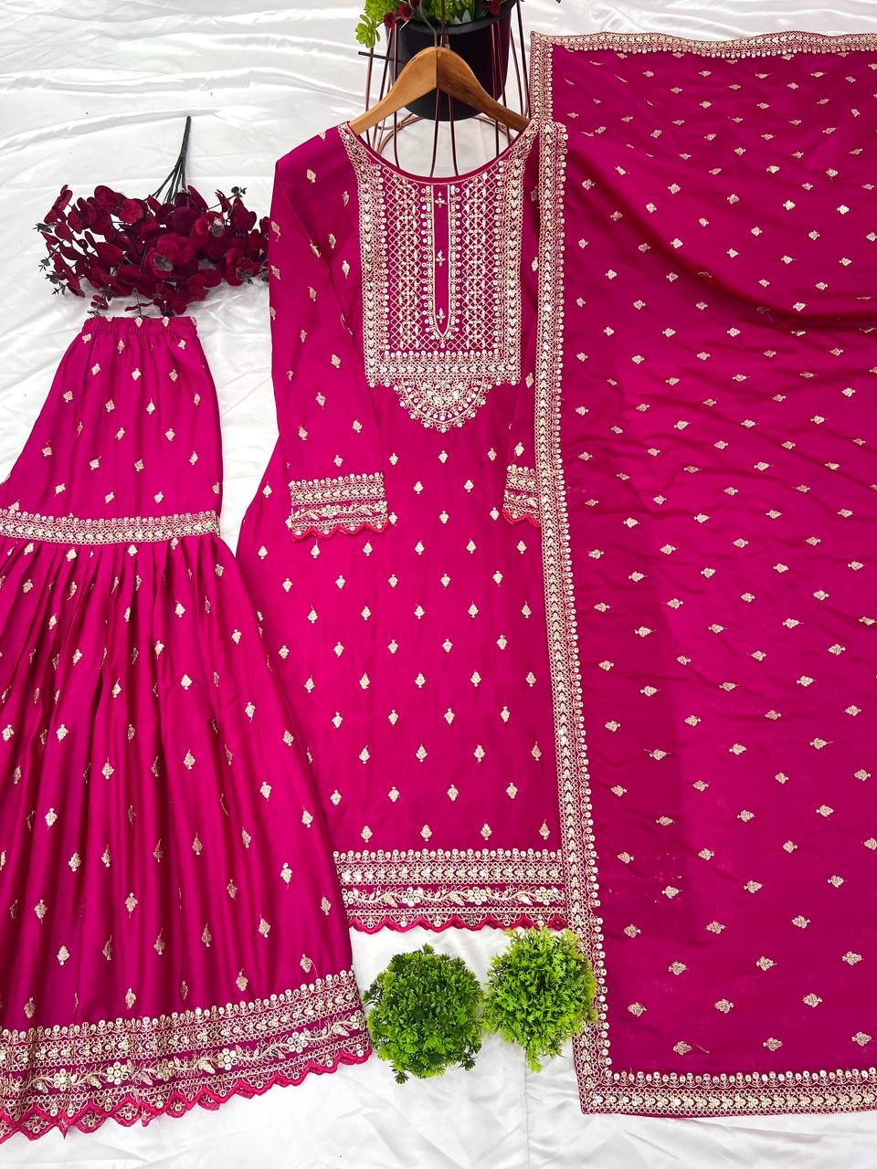 Heavy Embroidery Work Pink Color Sharara Suit