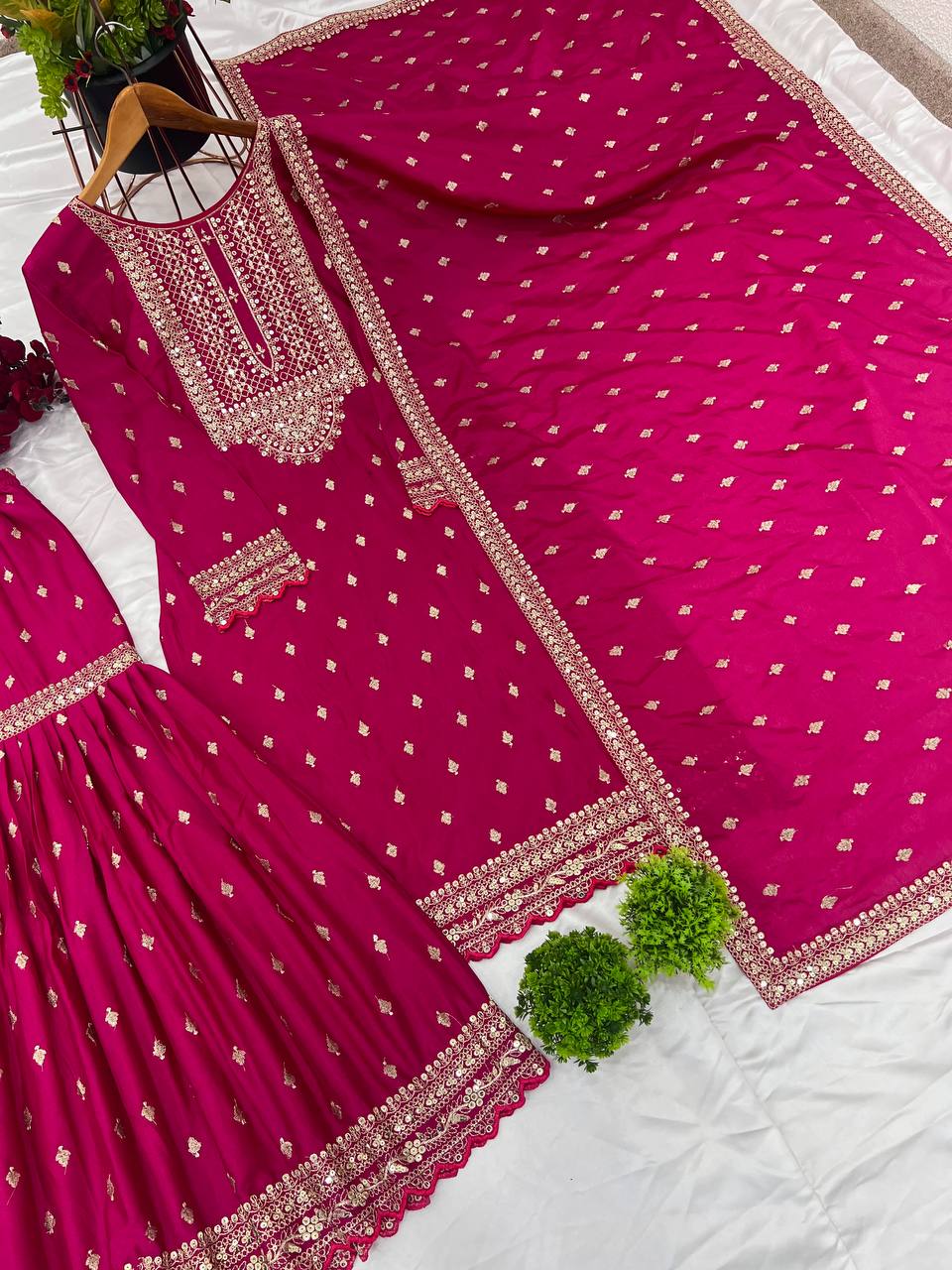 Shining Fully Stitched Pink Color Sharara Suit