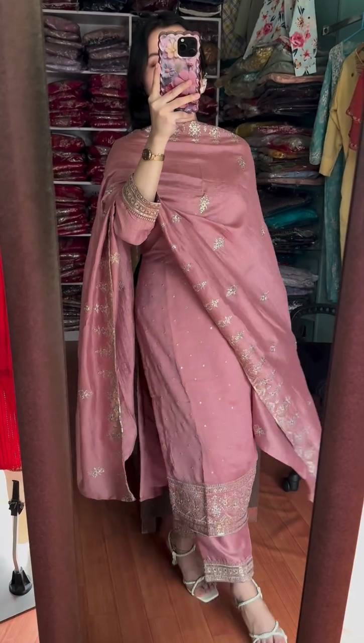 Glorious Chinnon Silk Work Pink Color Sharara Suit