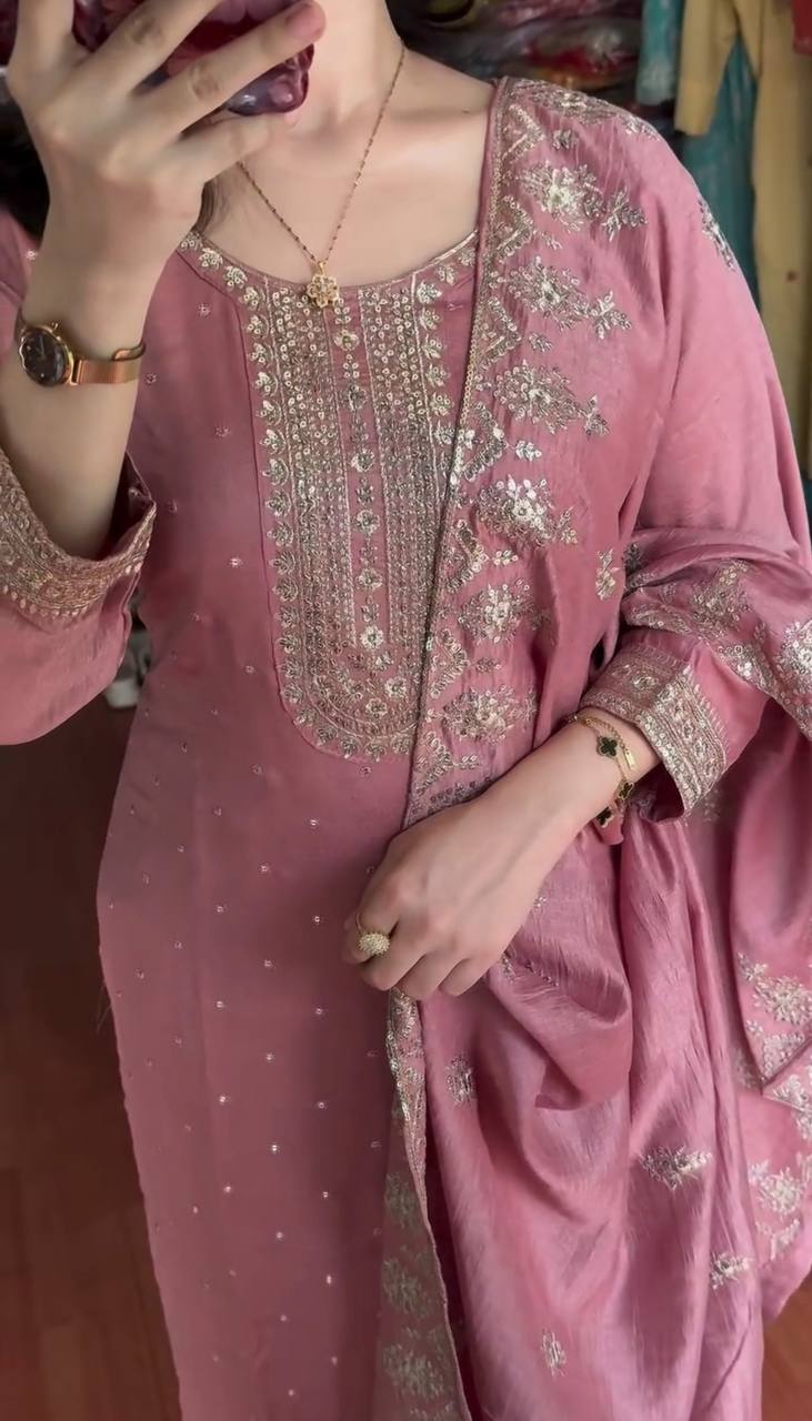 Glorious Chinnon Silk Work Pink Color Sharara Suit