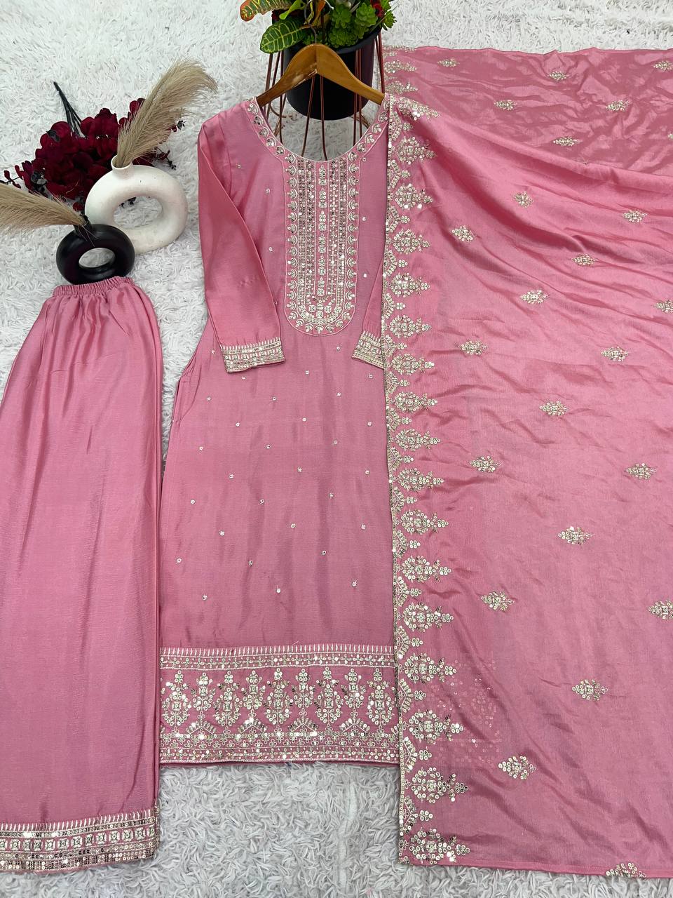 Glorious Chinnon Silk Work Pink Color Sharara Suit