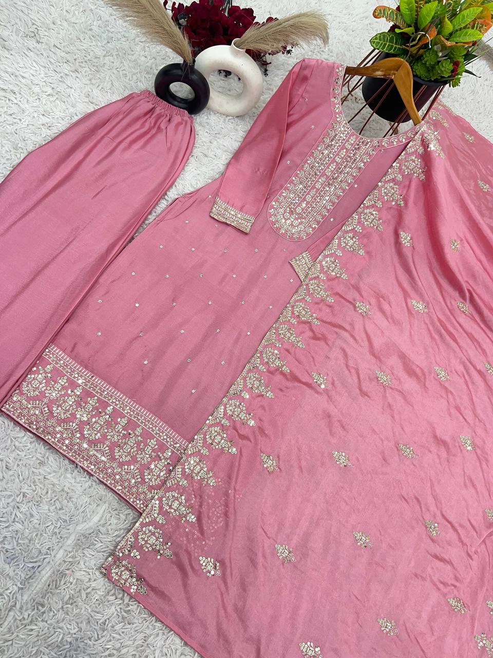 Glorious Chinnon Silk Work Pink Color Sharara Suit