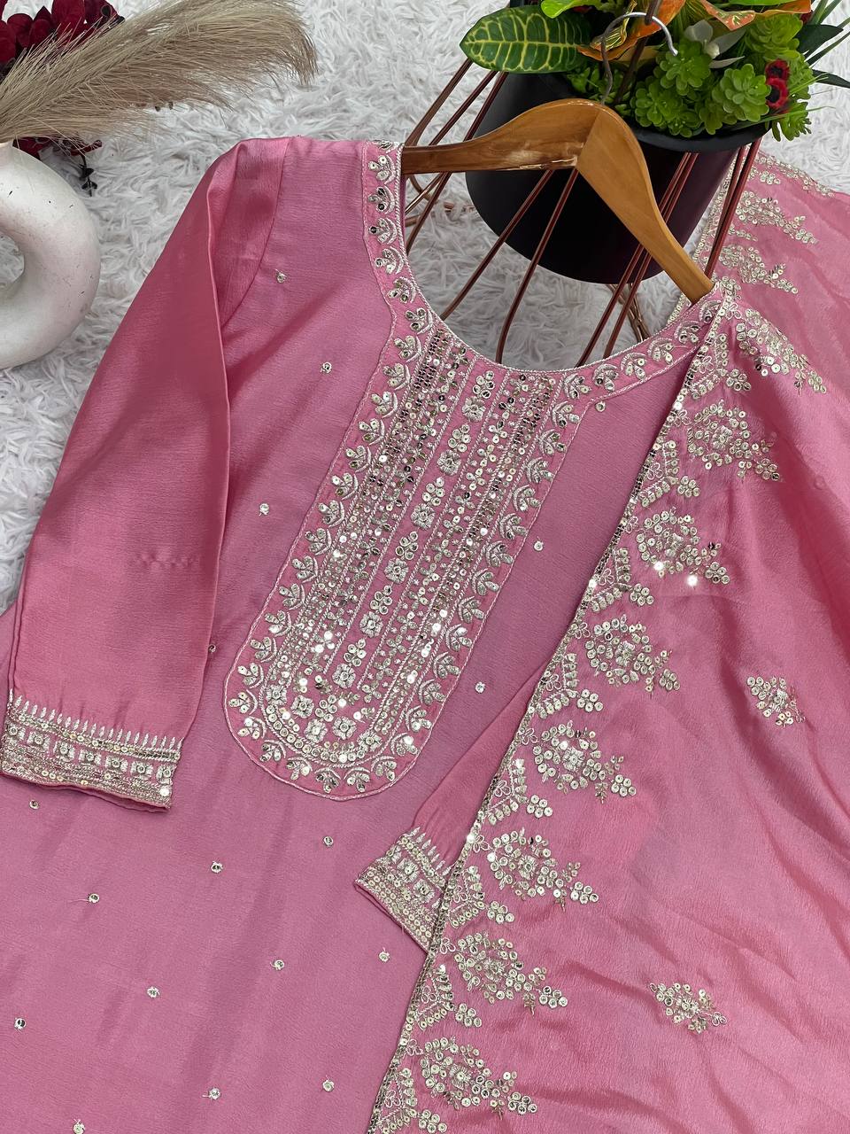 Glorious Chinnon Silk Work Pink Color Sharara Suit