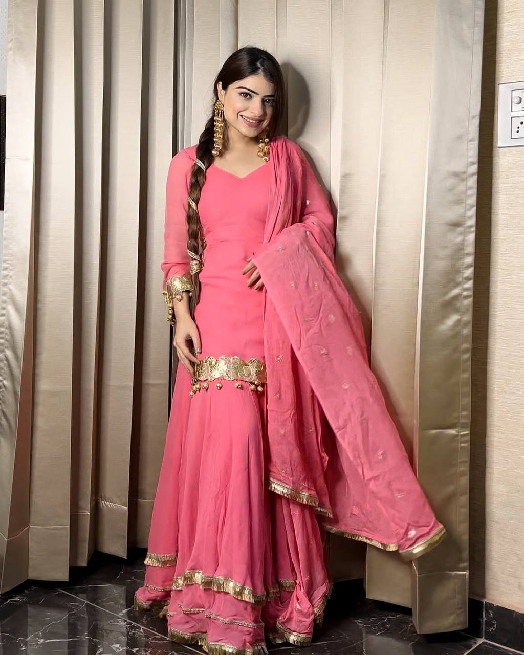 Exclusive Embroidery Work Pink Color Sharara Suit