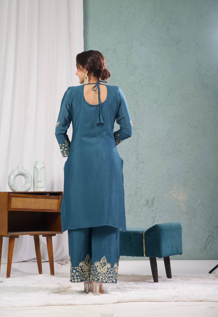 Luxuriant Chinnon Sequence Work Teal Blue Color Salwar Suit