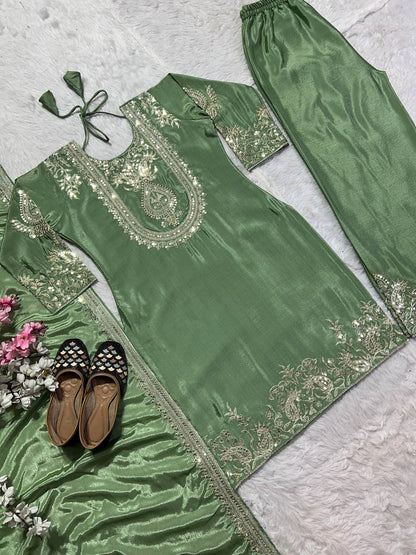 Luxuriant Chinnon Sequence Work Green Color Salwar Suit