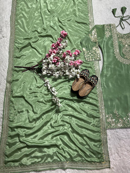 Luxuriant Chinnon Sequence Work Green Color Salwar Suit