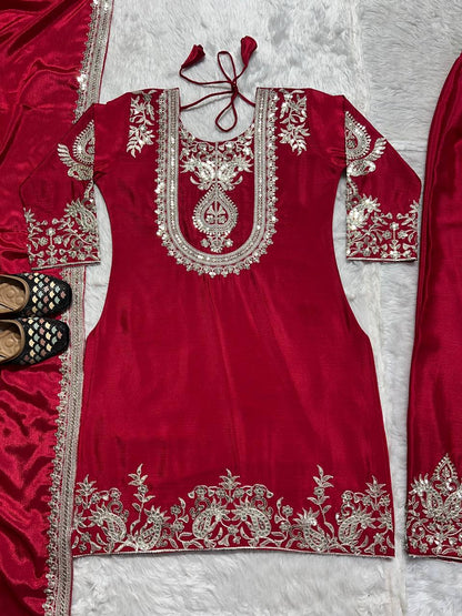 Luxuriant Chinnon Sequence Work Red Color Salwar Suit
