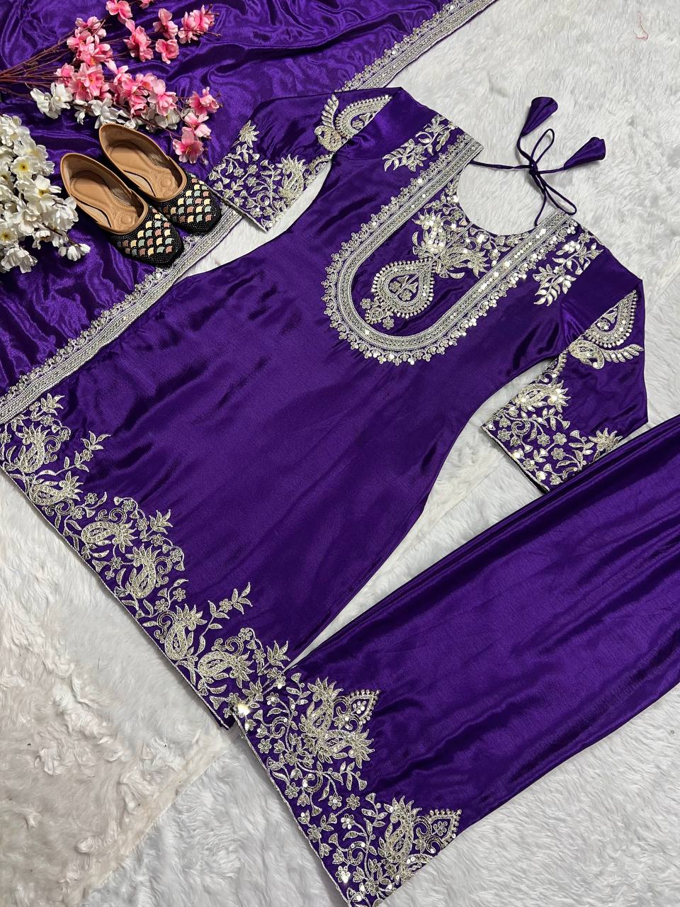 Luxuriant Chinnon Sequence Work Purple Color Salwar Suit