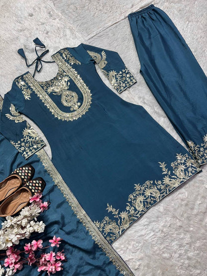 Luxuriant Chinnon Sequence Work Teal Blue Color Salwar Suit