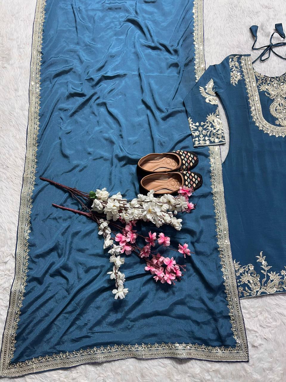 Luxuriant Chinnon Sequence Work Teal Blue Color Salwar Suit