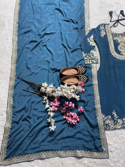 Luxuriant Chinnon Sequence Work Teal Blue Color Salwar Suit