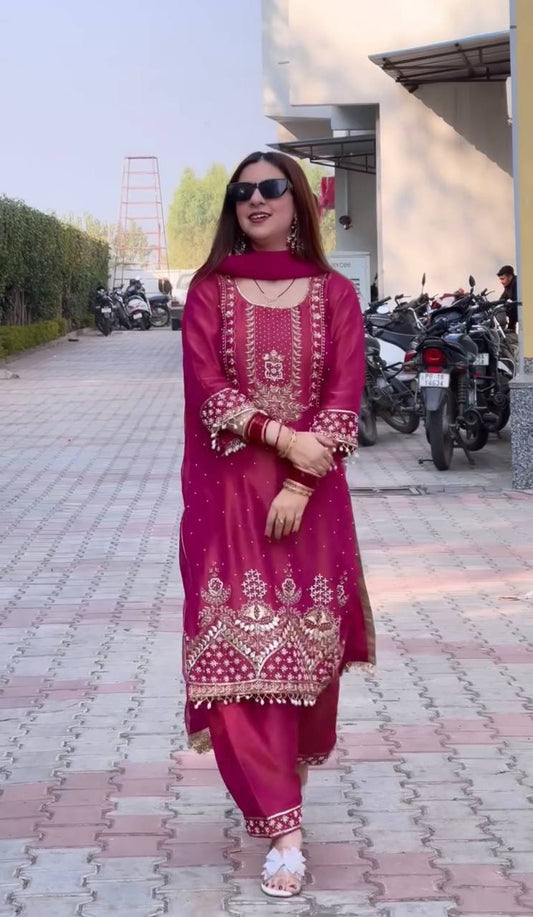 Exotic Pink Color Roman Shimmer Silk Salwar Suit