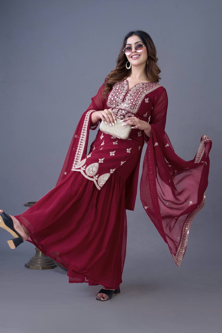Embroidery Work Maroon Color Sharara Suit