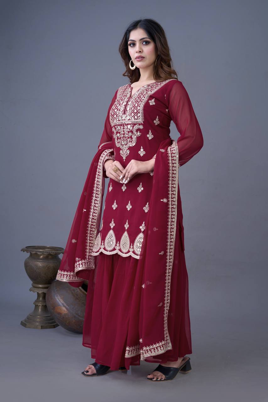 Embroidery Work Maroon Color Sharara Suit